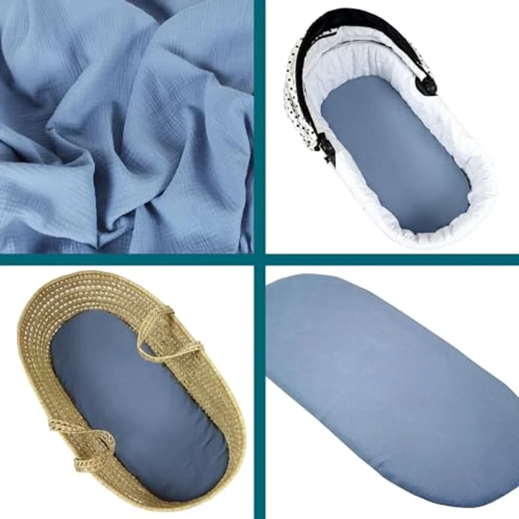 BabyLux Spannbettlaken Musselin Set – 3er Pack 40x80 cm für Kinderwagen Stubenwagen Babybett, Gummizug: ja, z15 Blau-Weiß-Grau – Bild 3