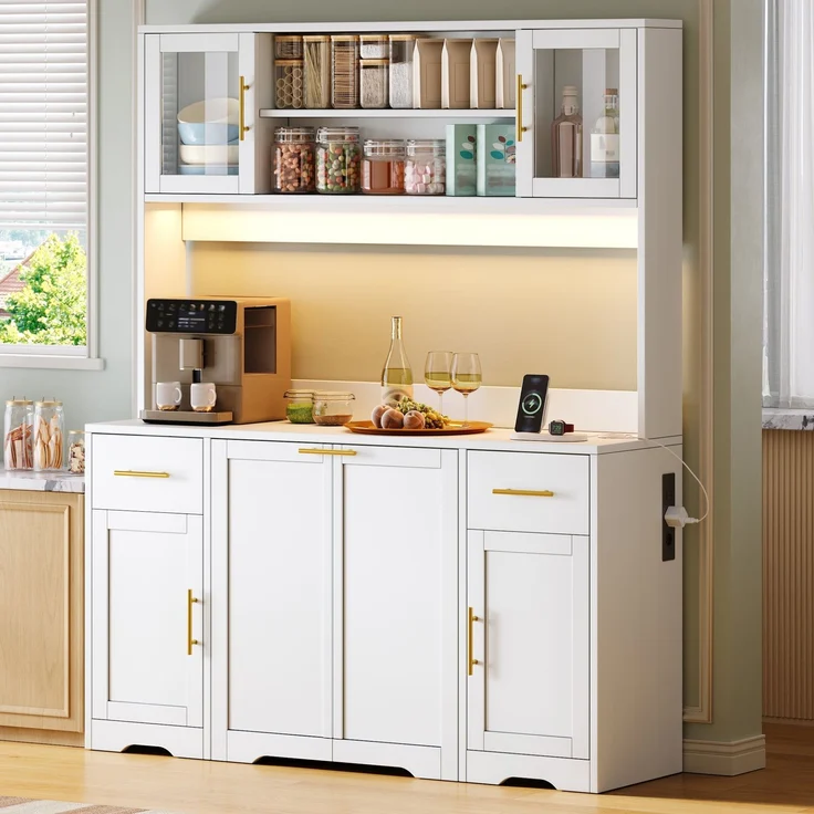 Küchenschrank, hoher Stauraumschrank mit Arbeitsplatte und Schubladen, Doppel-Mülleimerschrank mit ausziehbaren Abfalleimern, Vitrine für Wohnzimmer und Esszimmer, 173 × 140× 40 cm, Weiß--Weiß--140x40x173cm--YOUDENOVA – Bild 2