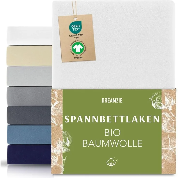 Dreamzie Premium Spannbettlaken 90x200 cm bis 100x200 cm Weiß, Spannbetttuch aus 100% Jersey Biobaumwolle, 150 g/m² - Oeko-TEX