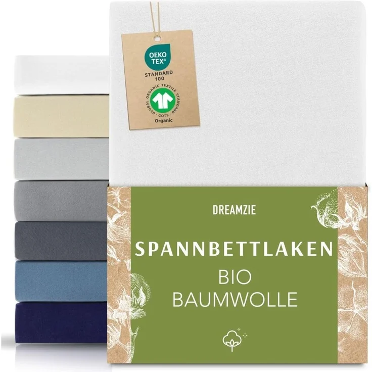 Dreamzie Premium Spannbettlaken 90x200 cm bis 100x200 cm Weiß, Spannbetttuch aus 100% Jersey Biobaumwolle, 150 g/m² - Oeko-TEX