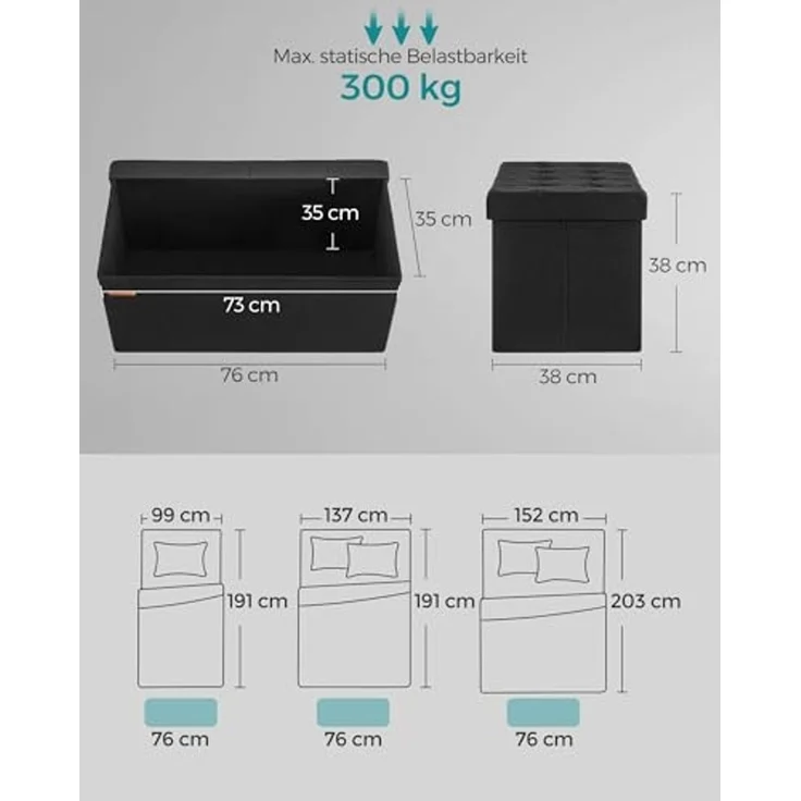 Songmics Sitzbank mit Stauraum, klappbare Sitztruhe, Aufbewahrungsbox, 38 x 76 x 38 cm, Deckel klappbar, bis 300 kg belastbar, für Flur, Wohnzimmer, Schlafzimmer, tintenschwarz LSF046B01 – Bild 3