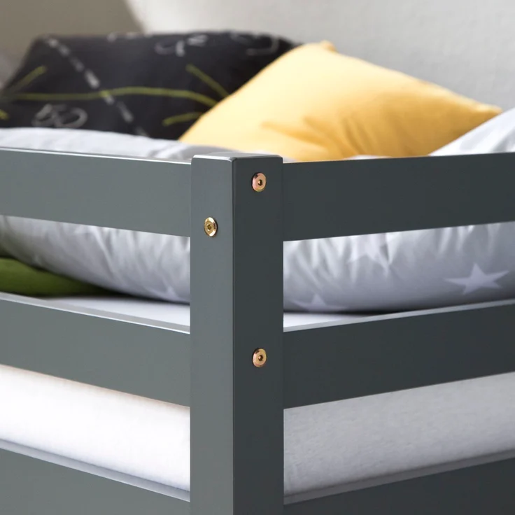 Hochbett mit Lattenrost 90x200 cm Spielbett Grau Kinderbett Leiter Holz Kiefer Vorhang Sterne Jugendbett – Bild 9