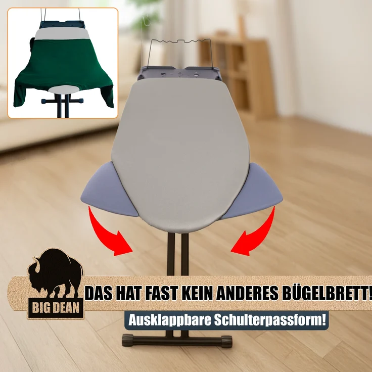 BigDean Bügelbrett XXL (120x45 cm Bügelfläche) inkl. ausklappbarer Schulterpassform - Stabiler Bügeltisch für Dampfbügelstationen und Bügeleisen - Ironing Board - höhenverstellbar – Bild 2