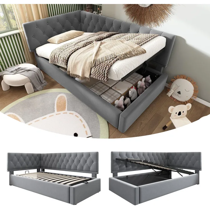 Tagesbett, Schlafsofa mit hydraulischem Stauraum Kinderbett Jugendbett inkl. Holzlattenrost, Samt, Grau, 90x190cm
