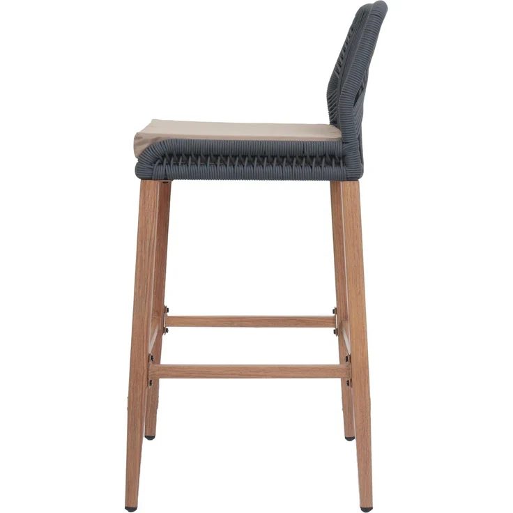 2er-Set Rope-Barhocker HWC-O21, Outdoor Sitzpolster Seilgeflecht Metall Holz-Optik ~ anthrazit, Kissen taupe – Bild 8