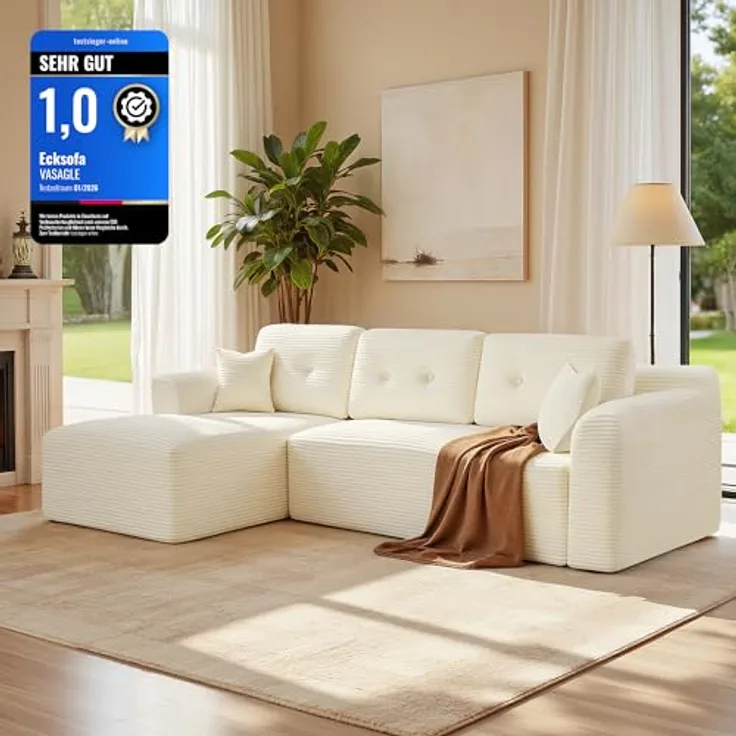 VASAGLE Ecksofa, modulares Sofa 244 cm breit, vakuumverpackt, Schlafsofa, Keine Montage erforderlich, mit großer Chaiselongue Links, für Wohnzimmer, Gästezimmer, cremeweiß LCS183WD01