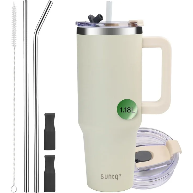 SUNTQ 40oz Tumbler mit Griff und Strohhalm, doppelwandig