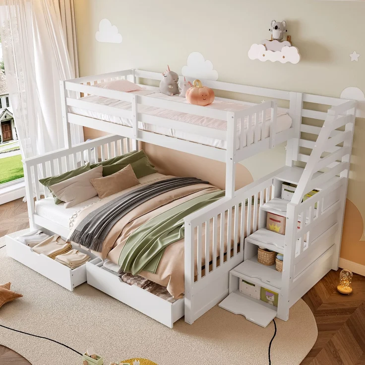 Etagenbett 90x200 & 140x200 cm, Kinderbett und Jugendbett, mit Schubladen und Stauraum, Kiefernholz, Weiß – Bild 5