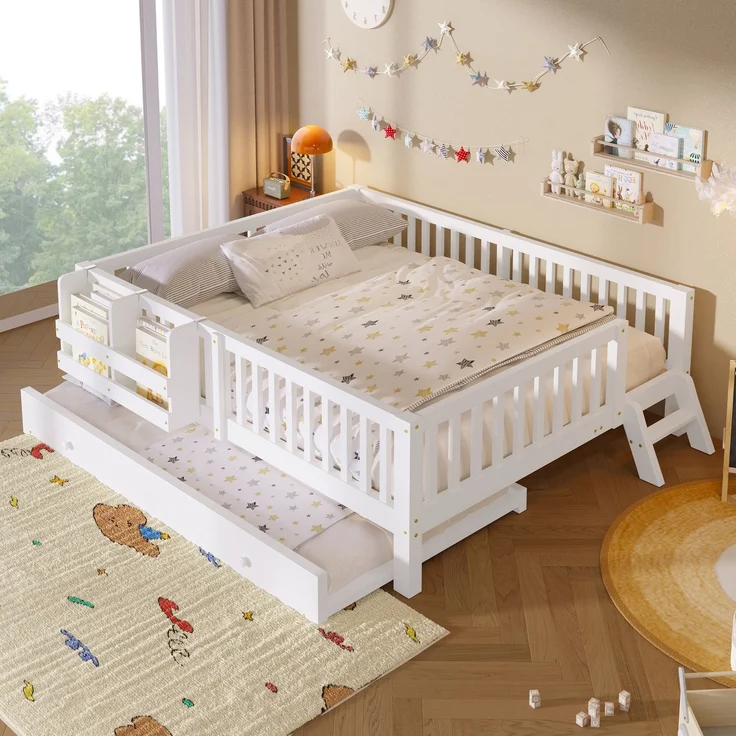 ZUBALIYA Holzbett 140 x 200 cm – Ausziehbett, flexible Montage, Geländer, MDF, Kiefer, Weiß – Bild 1