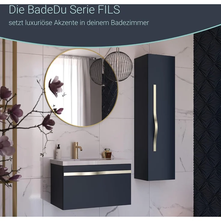 BADEDU FILS Hochschrank 33 cm breit, Blau, Griff Silber – Bild 7