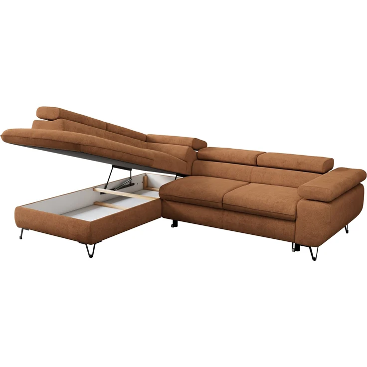 Mks Möbel 'Peter L-form' Ecksofa mit Bettfunktion, Bettkasten & einstellbaren Kopfstützen, Orange, Stoff, mit Topper, links – Bild 5