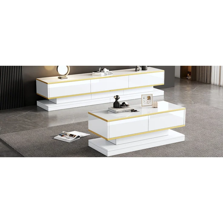 Modernes weißes Hochglanz-TV-Ständer- und Couchtisch-Set, TV-Konsole mit 3 Schubladen, Couchtisch mit 2 Schubladen, Goldbesatz, für das Wohnzimmer, Fernsehtis und kaffetisch--Weiß--112.5x59.18x14.2cm--YOUDENOVA – Bild 9