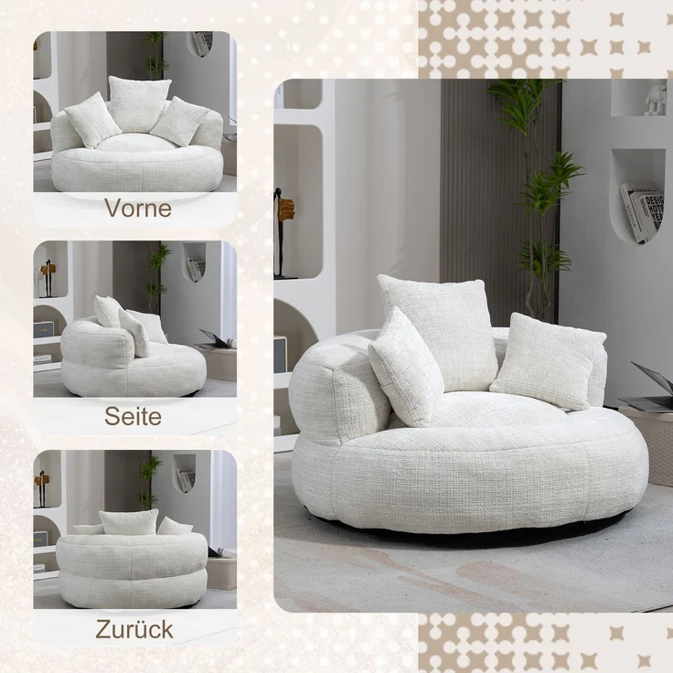 Lazy Sofa Durable Komfort Lounger hohen Rücken Sitzsack Stuhl Couch mit drei Kissen für Erwachsene und Kinder, Indoor & Outdoor, Single Gaming Sofa Stuhl für Schlafzimmer, Büro (Beige Chenille)--Beige--108x108x52cm--YOUDENOVA – Bild 4