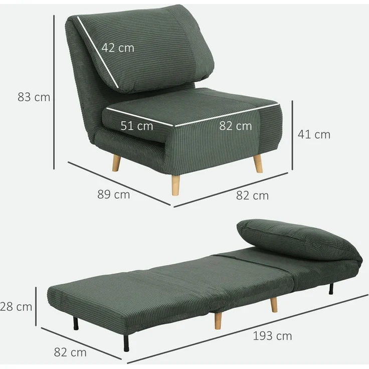 HOMCOM Sessel Verstellbar Klappmatratze Gästebett (Schlafsessel, 1-St, Schlafsofa), für Wohnzimmer, Schlafzimmer, Grün – Bild 3