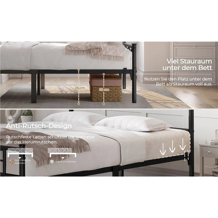 Yaheetech Metallbett mit Lattenrost, Wolkenmuster, Schwarz, 140x200 cm – Bild 6