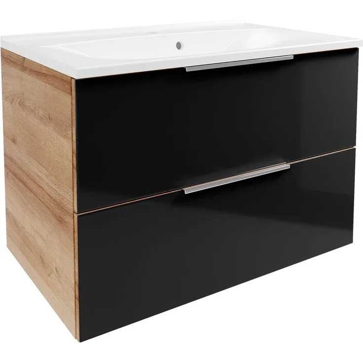 FACKELMANN B.BRILLANT Waschbecken mit Unterschrank 80 cm breit, Anthrazit Glas/Braun hell, Waschbecken Gussmarmor Weiß