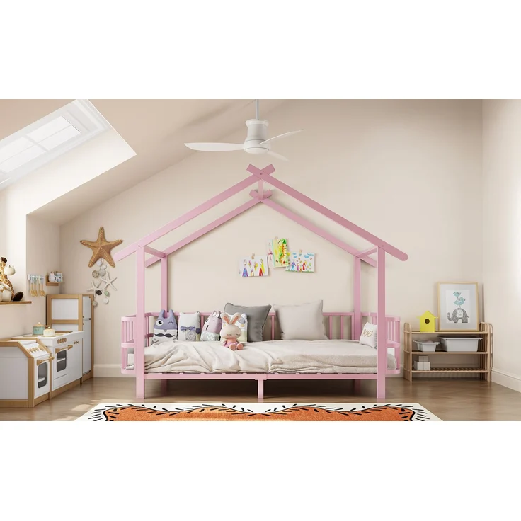 EINHOM Kinderbett aus Metall in Hausform, 90 x 200 cm, mit Sicherheitsgitter, Dachdesign und Dekorativem Rahmen, für Jungen und Mädchen, Metall, Rosa, (Ohne Matratze) – Bild 5