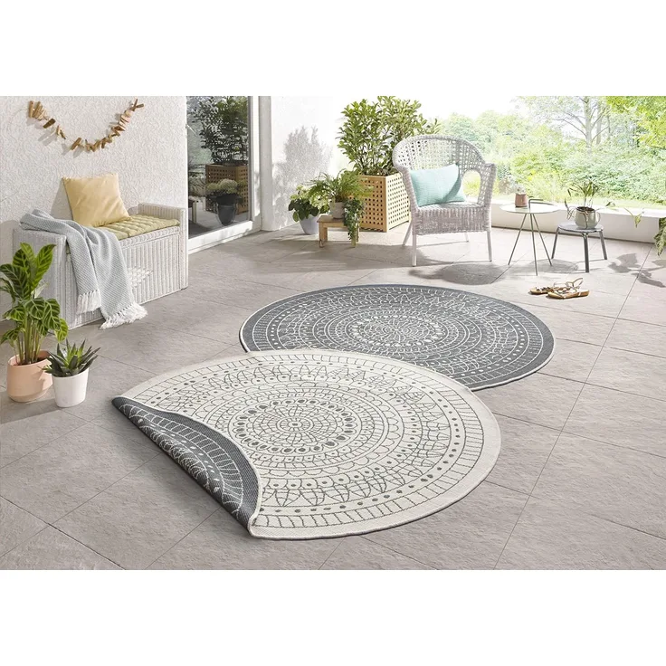 Northrugs Porto In- und Outdoor Teppich Rund – Runder Wendeteppich Wasserfest Mandala Design Flachgewebe Teppich Wetterfest für Balkon, Terrasse, Garten, Wohnzimmer in Grau Creme, ⌀140cm