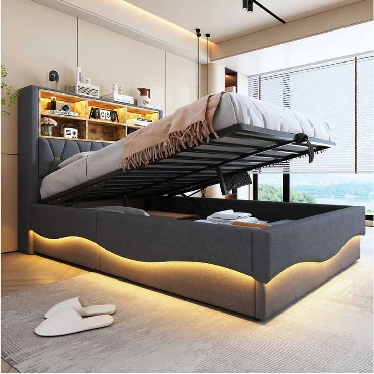 STILVORA Polsterbett 140x200 mit LED-Licht&USB,Jugendbett Doppelbett mit Lattenrost,Grau (mit Hydraulischem Stauraum, APP-gesteuertes LED-Lichtband, USB-Ladeanschluss, Leinenbezug, Platzsparendes Bett mit Stauraum für Bücher und Bettzeug, 140x200 cm), ... – Bild 5