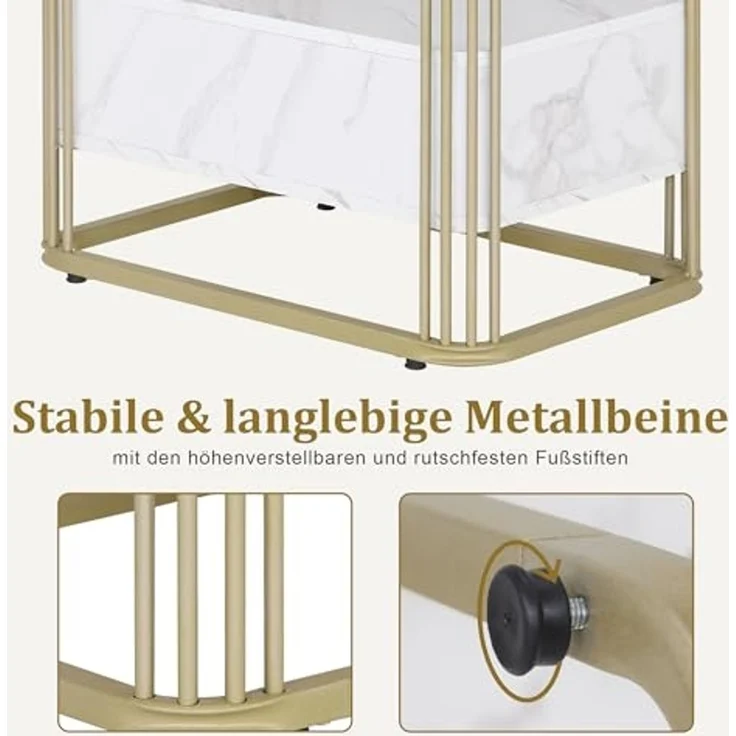 M MCombo Beistelltisch mit Schublade, Modern Sofatisch Marmor Weiß Gold, Klein Kaffeetisch Metallgestell, Nachttisch mit 2 Ablagen, Couchtisch für Wohnzimmer, 60x40x55, 2138 – Bild 5