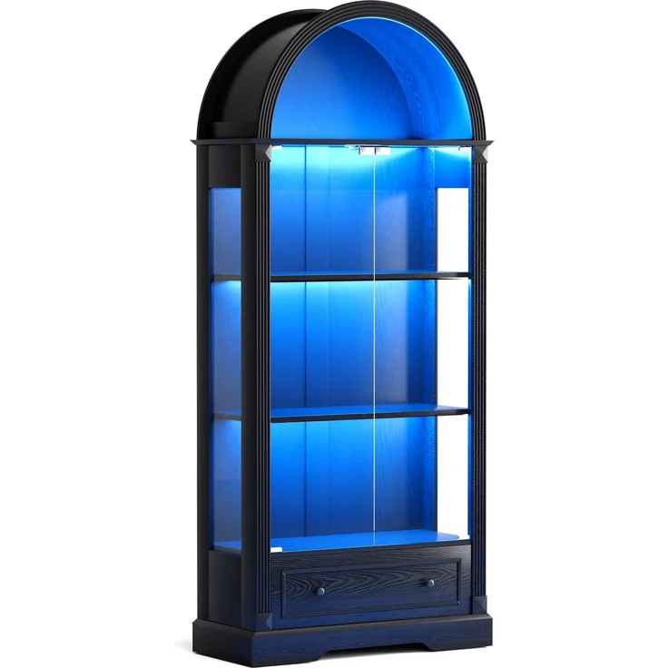 Vitrine 80 x 35 x 180 cm aus MDF und Glas, schwarz, mit LED-Beleuchtung – Bild 6