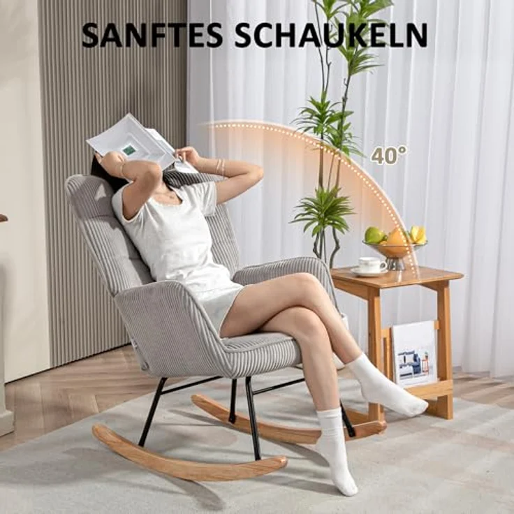 HOMCOM Schaukelstuhl, Schaukelsessel mit Kordoptik, Armlehne, Sessel mit Holzkufen, Relaxsessel für Wohnzimmer, Schlafzimmer, Hellgrau – Bild 5
