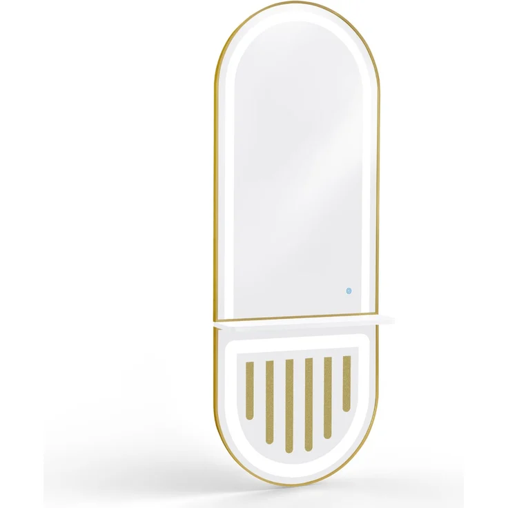 BarberPub Wandspiegel mit Beleuchtung, Ganzkörperspiegel mit Aluminiumrahmen, Spiegel Groß mit Ablage, Touch-Schalter, 3 Lichtfarben Dimmbar, J6257 (Weiß-Gold)