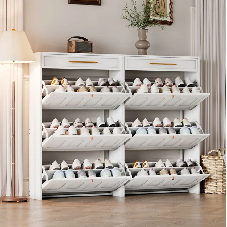DESVIAE Schuhschrank mit 12 verstellbaren offenen Regalböden und 2 Schubladen 140x123,5x25 cm MDF Weiß – Bild 2