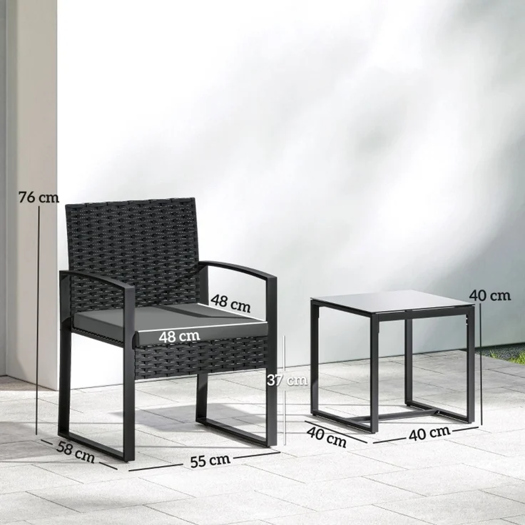 Balkon-Tischgruppe, Tisch H 40 x T 40 x B 40 cm, Kunststoff-Rattan und Glasplatte, mit 2 Stühlen – Bild 2
