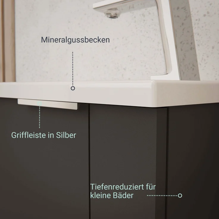 BADEDU UMEA Gäste WC Waschtisch Set 50 cm breit, Anthrazit, Waschbecken Gussmarmor Weiß – Bild 3