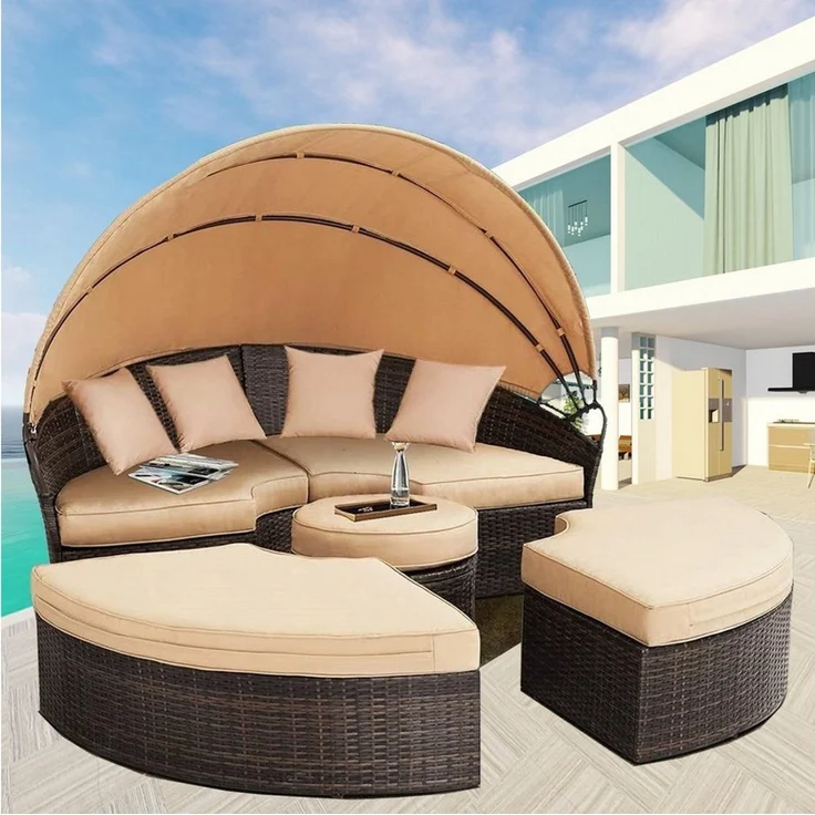 Melko Gartenlounge-Set Polyrattan Sonneninsel Tisch & Kissen 180CM Strandkorb Set, (Stück), Wasserabweisend – Bild 5