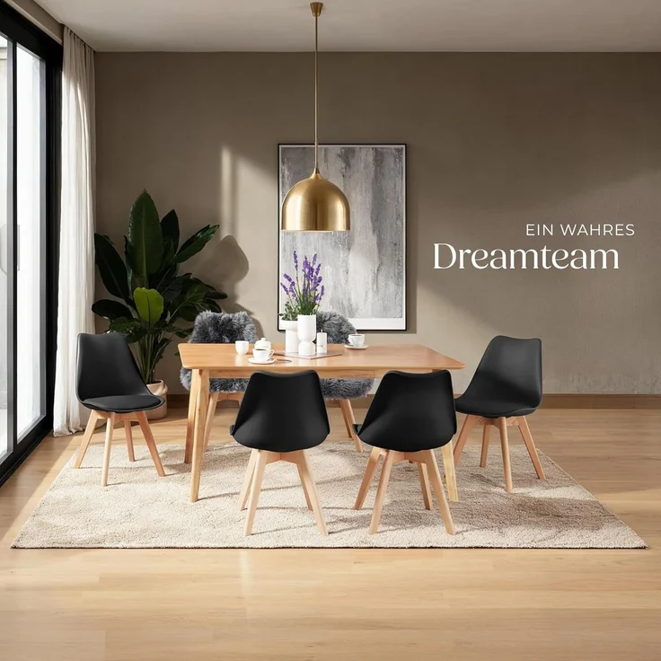 tectake Esszimmerstuhl Küchenstuhl Scandi-Design, gepolsterte Sitzfläche, 49 x 53 x 82 cm (Polsterstuhl Frederikke in schwarz, 6 St), ergonomische Form, massive Holzbeine, bodenschonende Filzgleiter – Bild 2