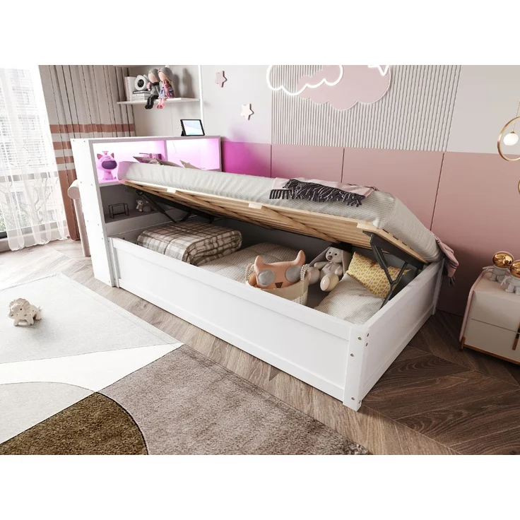 Bett 90x200 cm aus Massivholz mit Stauraum und LED-Beleuchtung – Bild 3