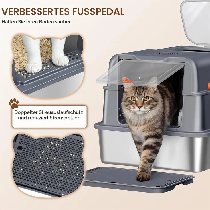 Edelstahl Katzenklo mit Deckel XXXL, 70 x 50 x 42cm, Dunkelgrau, Geschlossene Metall Katzentoilette, 105° Klappdeckel, Inklusive Pedal und Schaufel, Leicht zu Reinigen, Zwei Türen – Bild 9
