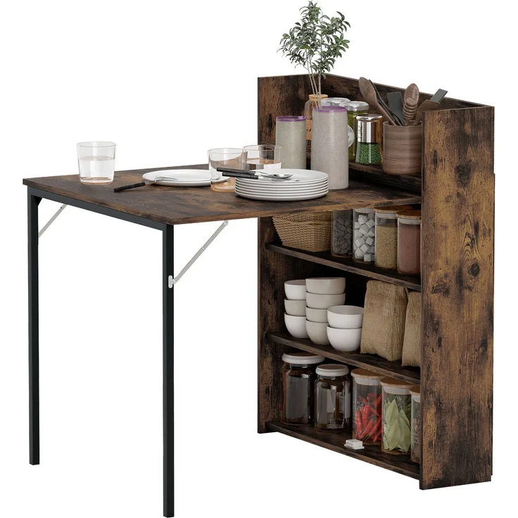 MELAYR, Esstisch Klappbar mit Regal, Industrie-Design, Platzsparend, Für Kleine Räume, 80x90x93cm, Rustikal-Braun – Bild 2