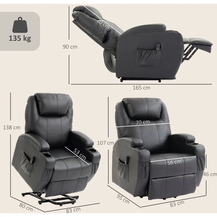 Wohnora-Fernsehsessel Relaxsessel mit Aufstehhilfe, Elektrisch TV-Sessel mit Liegefunktion, Fernbedienung mit USB-Anschluss,H 1070cm x T 950cm x B 830cm,Schwarz – Bild 4