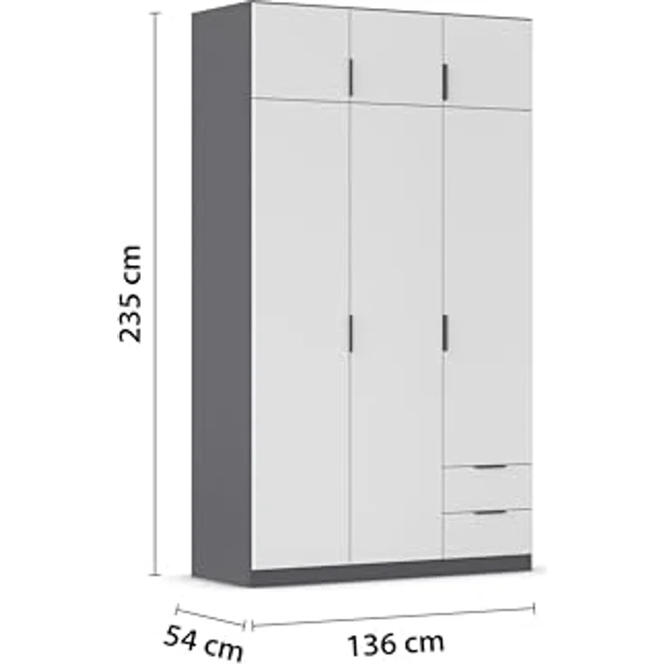 Rauch Möbel Lagoa, Kleiderschrank, Garderobe für Schlafzimmer, Kinderzimmer, Jugendzimmer 6-türig, 2 Schubladen, mit Zubehör Premium, Farbe Weiß /Grau metallic, Schwarz, Breite 136 – Bild 4