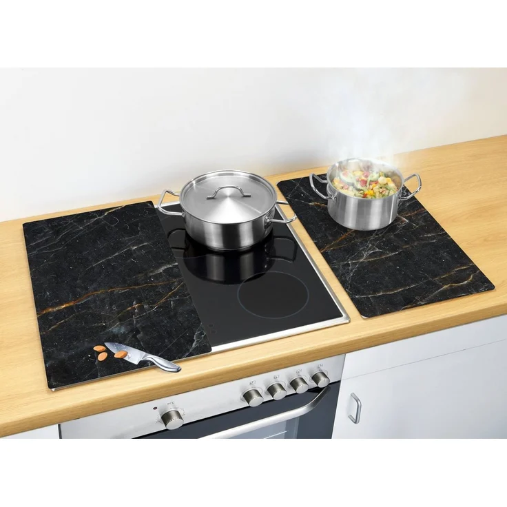 Allstar Glasabdeckplatten Marmor, 2er Set, rutschfeste Herdabdeckung für Glaskeramikkochfelder in Marmor-Optik, praktische Arbeitsflächenerweiterung in der Küche, Gehärtetes Glas, 30 x 52cm, Schwarz – Bild 4