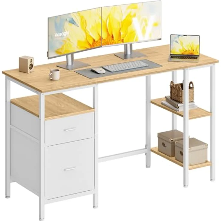 VASAGLE Computertisch, Bürotisch, Schreibtisch, mit 3 Ablagen, 2 Schubladen, 127 x 50 x 76 cm, fürs Büro, Wohnzimmer, moderner Stil, natureichenfarben-mattweiß LWD103YD01 – Bild 1