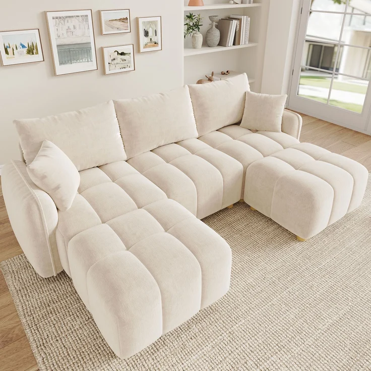 ZUBALIYA L-/U-förmiges wandelbares Ecksofa, 5-Sitzer modulare Sofakombination mit 2 Hockern und Kissen, Chenille-Stoff, Cloud-Sofa, breite Armlehnen, geeignet für Wohnzimmer, Schlafzimmer, Wohnung – Bild 7