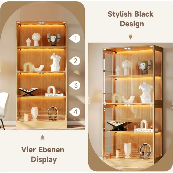 Flieks LED-Vitrinenschrank 80 x 35 x 170 cm mit 4 Glastüren, 4 Ablagen und App-Steuerung, Naturholzfarbe – Bild 6