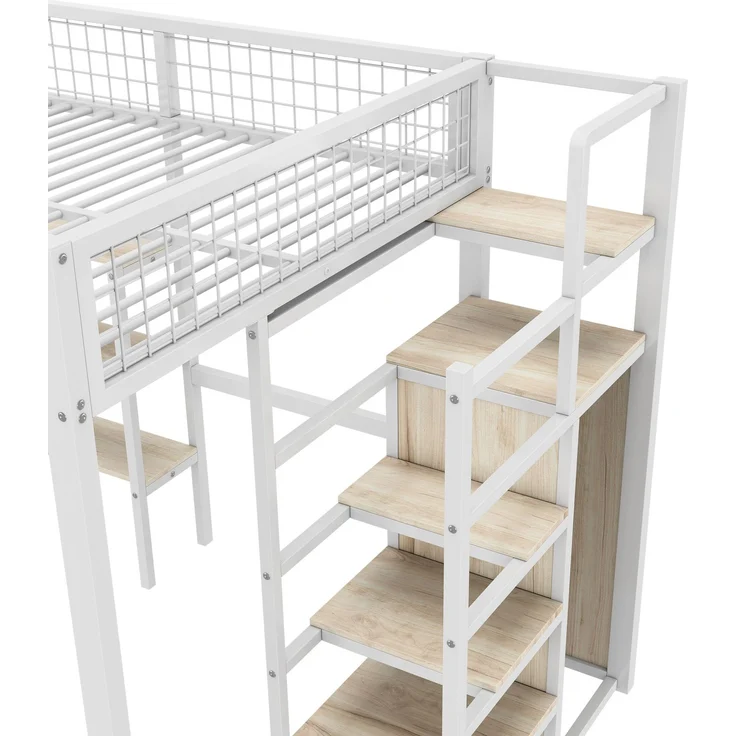 Hochbett, 140*200 cm, Eisenbett, Ablageleiter, mehrere Regale, Ohne Matratze, Einbauschrank, Schreibtisch, Weiß – Bild 9