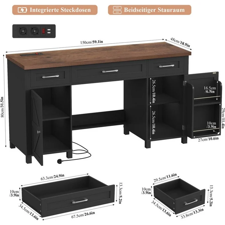 Homfa Schreibtisch mit Steckdose Computertisch mit Schubladen 150 x 48 cm, Schreibtisch mit Stauraum, Schminktisch, 2 AC und 2 USB, schwarz – Bild 3