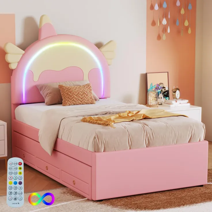 Polsterbett mit Stauraum und LED-Beleuchtung, 90x200 cm, Kopfteil höhenverstellbar, Kinderbett, Einzelbett, Kunstleder – Bild 4