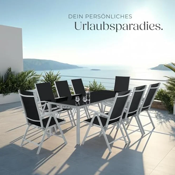 tectake® Aluminium Sitzgruppe 8+1, Gartenmöbel Set mit Stuhl und Tisch, klappbare Gartenstühle, Gartentisch mit Sicherheitsglas, wetterfeste Terrassenmöbel, für Garten Terrasse Balkon - Silber – Bild 9