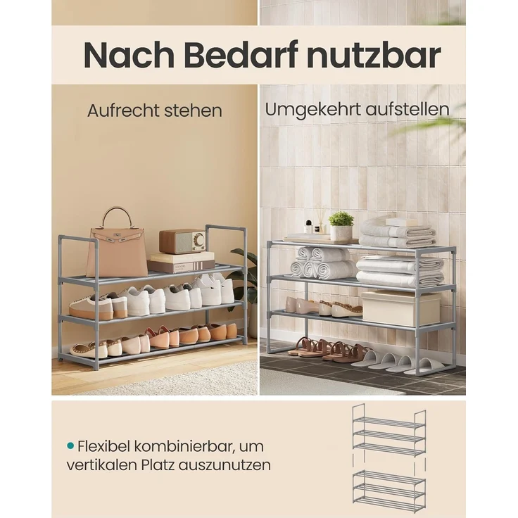 Songmics Schuhregal mit 3 Ebenen, Schuhständer aus Metall, Schuhaufbewahrung, Schuh-Organizer für 12-15 Paar Schuhe, stapelbar, für Flur, Wohnzimmer, Schlafzimmer, 30 x 92 x 55 cm, grau LSA303G01 – Bild 3