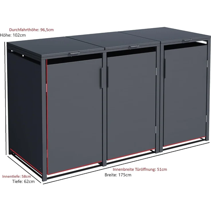 DEGAMO MÜNCHEN Mülltonnenbox 3-er, Stahl verzinkt, anthrazit, 175x62x102cm für 3x kleine Tonne 120 Liter – Bild 6