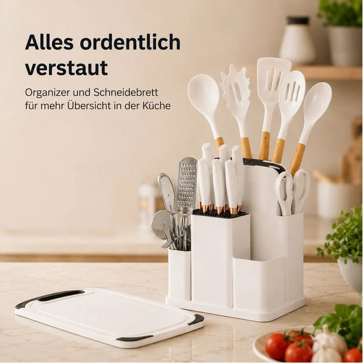 Diyarts Kochbesteck-Set (für beschichtete Pfannen, inklusive Kochmesser, Beige 23-teilig, Grün, Weiß und Schwarz je 20-teilig), Schonende Silikon-Küchenhelfer mit Holzgriffen & Messer im Set – Bild 2