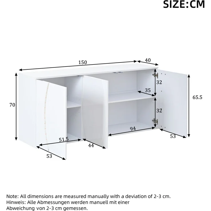 DESVIAE Sideboard mit 3 Türen und LED-Beleuchtung 150x70x40 cm Spanplatte Weiß – Bild 10