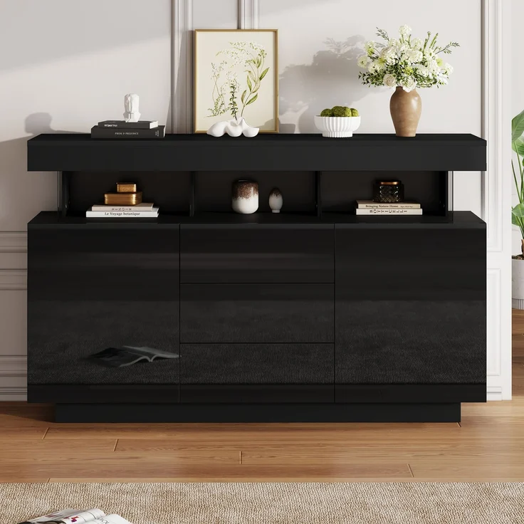 ZUBALIYA Sideboard 140x35x80 cm, mit LED-Beleuchtung, Hochglanz, aus Spanplatte, Schwarz – Bild 3